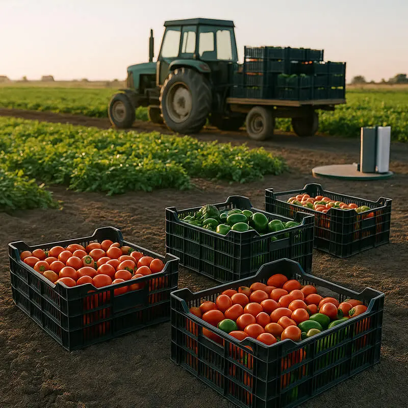 ortalizas en canastillas plásticas sobre el cultivo con tractor y rollo de film cercano
