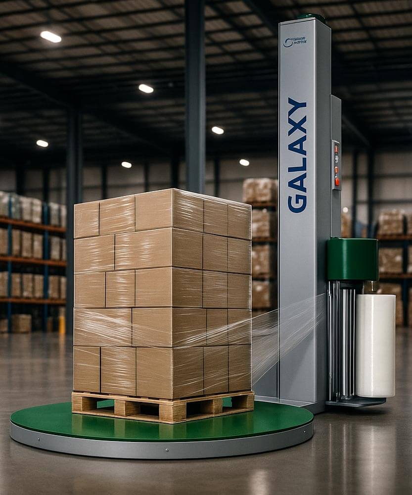 Paletizadora Galaxy envolviendo pallet con stretch film en bodega logística
