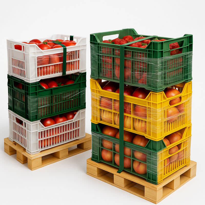 Cajas agrícolas con frutas protegidas con vinipel y zuncho sobre fondo blanco