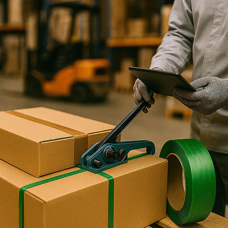 Operario zunchando caja sobre pallet con tensionadora manual