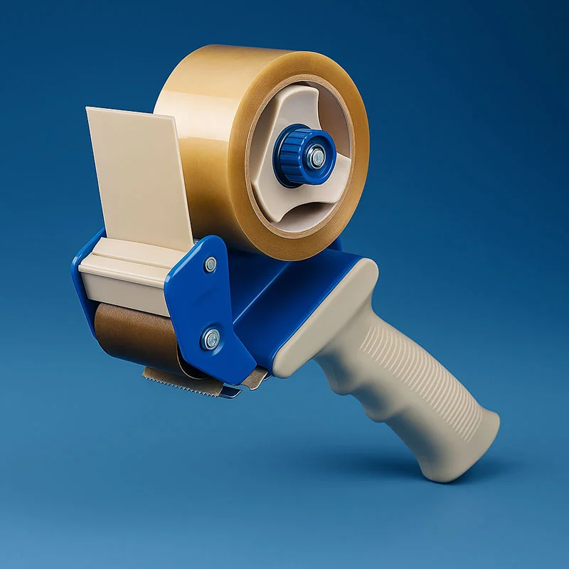 Dispensador de cinta tipo pistola con rollo montado sobre fondo azul