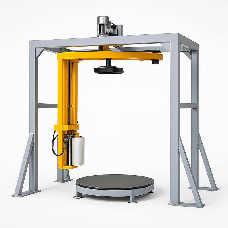 Paletizadora automática de brazo superior aislada en fondo blanco con sombra