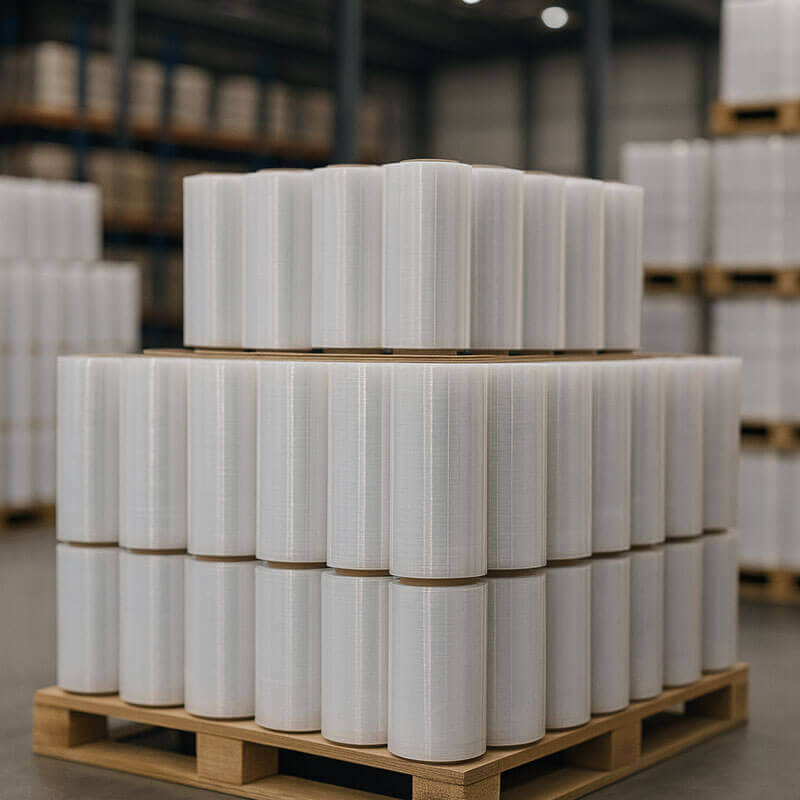 Pallets con rollos de stretch film en bodega moderna, listos para despacho