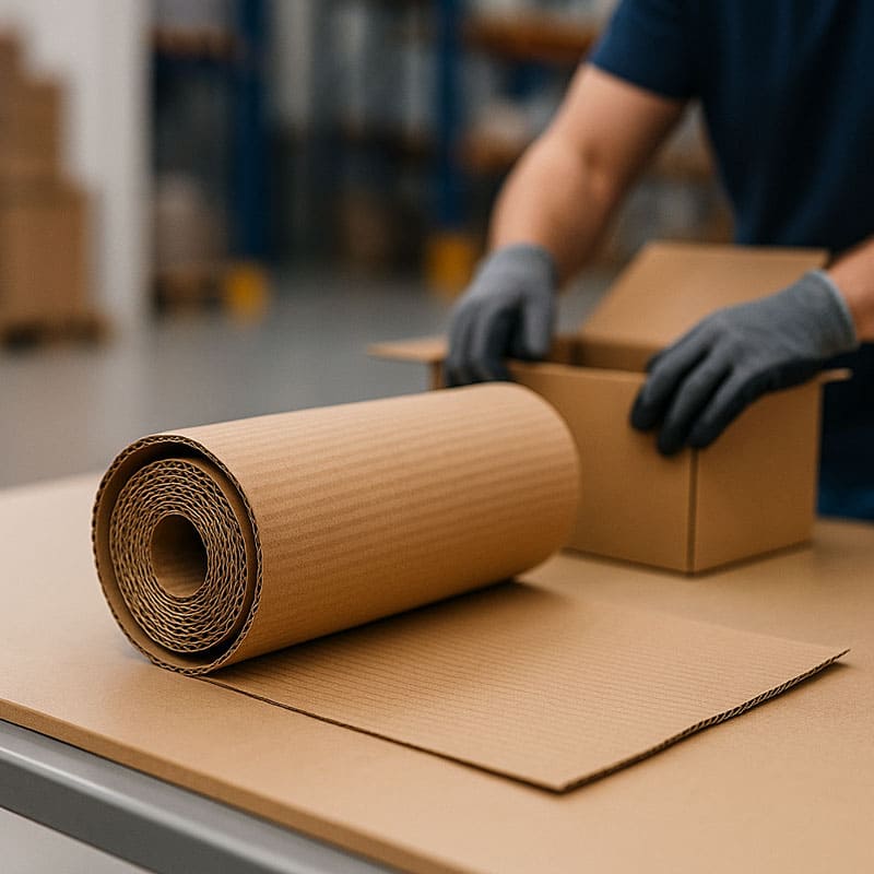 Operario usando rollo de cartón corrugado para proteger productos en mesa de empaque dentro de una bodega logística.