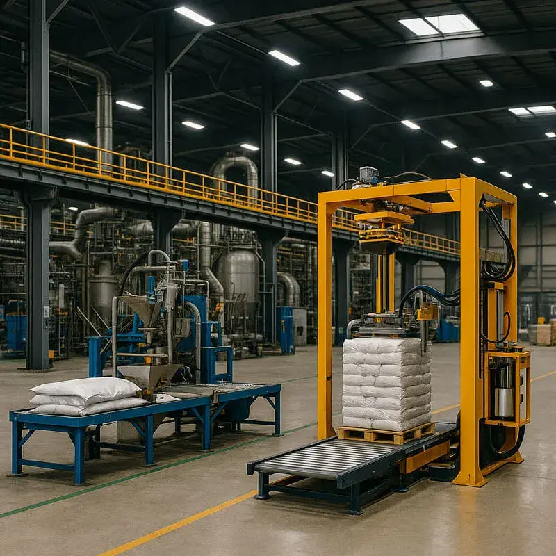 Planta industrial con envolvedora automática trabajando sobre pallet