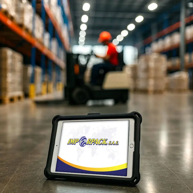 Tablet con logo de Imporpack en primer plano dentro de bodega logística con montacargas al fondo