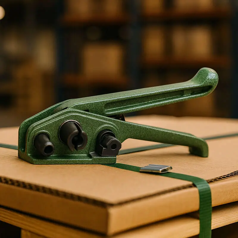 Tensionadora manual aplicando tensión a zuncho verde sobre caja con grapa metálica en bodega