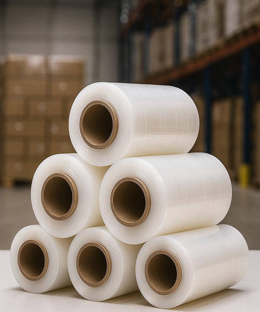Rollos de vinipel transparente apilados para embalaje industrial
